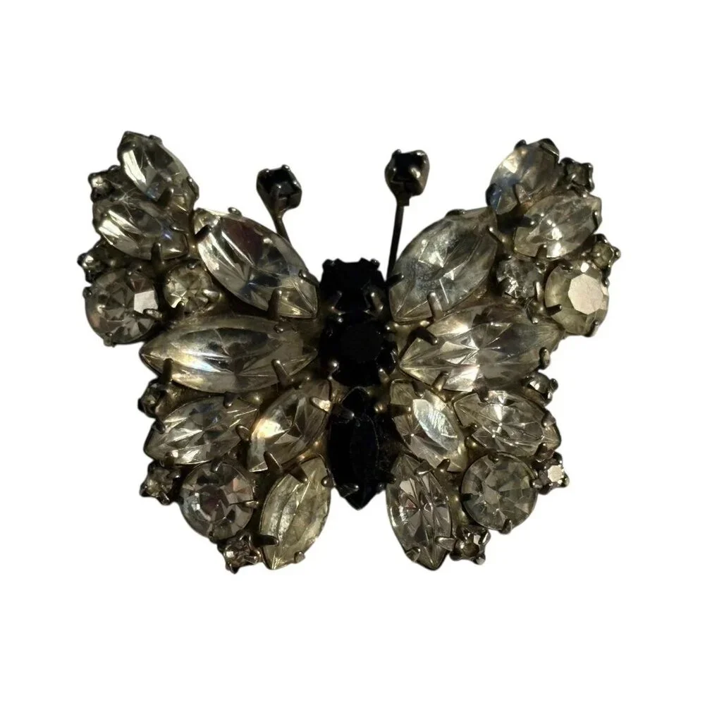 Butterfly Rhinestone Brooch Pin VTG Black & Clear Rhinestones Silver Tone Retro